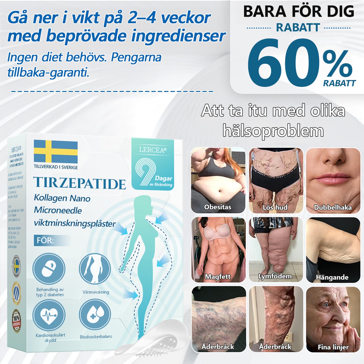 【Sista dagen av kampanj – 60% RABATT🌟】🏆🏆𝐋𝑬𝘙𝐶𝘌𝘼® SMGT-GLP-1 Tirzepatid & Kollagen Nano-Mikronål Viktminskningsplåster丨Bekämpa fetma, slapp hud, högt blodtryck, diabetes, fettlever, ledvärk, hjärndimma med mera